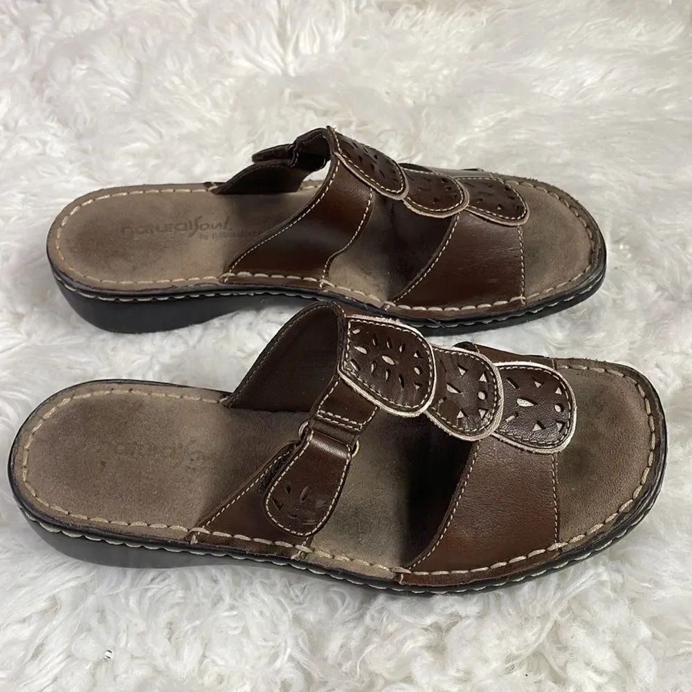 NATURAL SOUL by NATURALIZER Cornel Leather Upper Slides Sandals Size 6M Brown - Picture 3 of 12